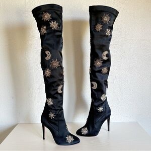 Aquazzura Dorado Black Satin Embellished Over The Knee Boots EU 37.5 Sun Moon